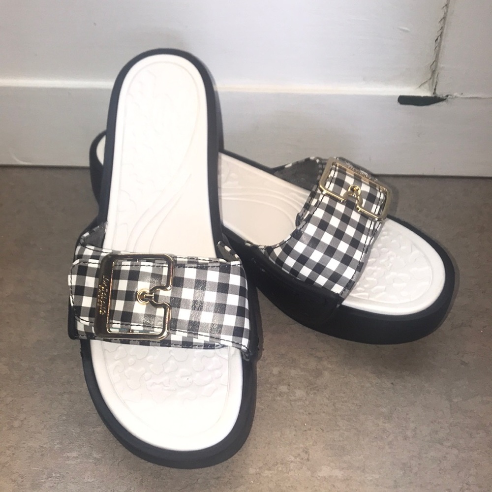 Black and white plaid sandals by Dr. Scholls; size 7M